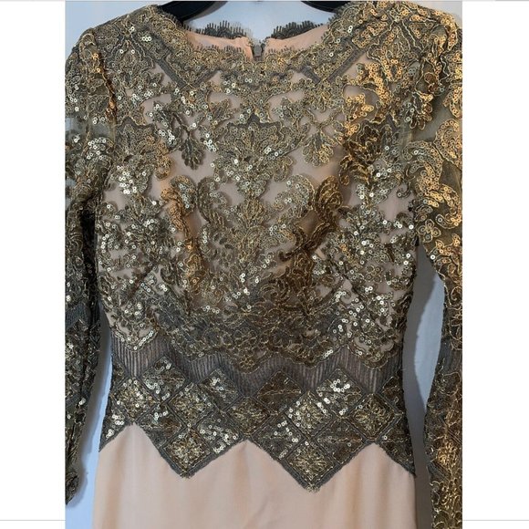 NEW Tadashi Shoji Long Sleeve Embroidered Sequin Crepe‎ Gown [SZ 2 ] - Picture 5 of 14